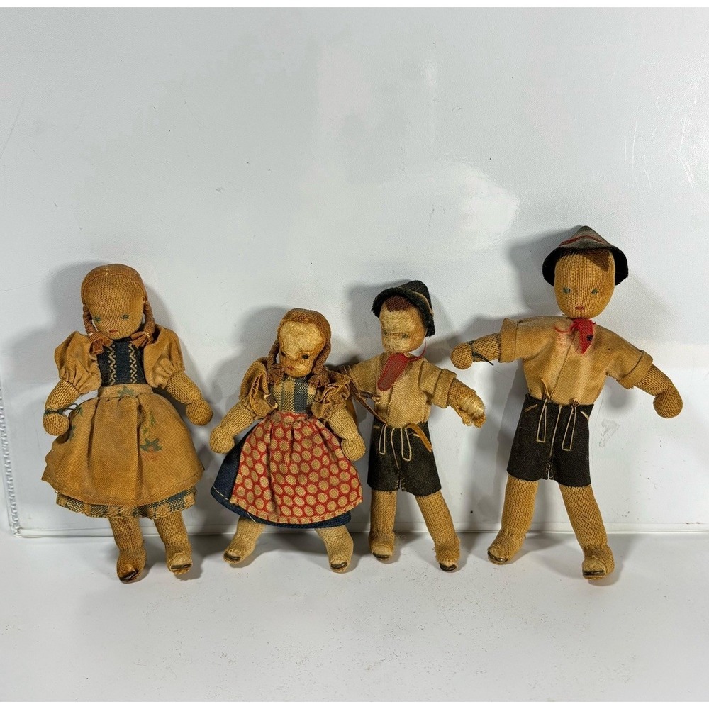 Early Antique Primitive Folk Art Doll Poppet Austrian German Lot Of 4 Handmade